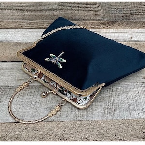 Navy clutch . Navy evening bag. Velvet handbag. Clutch bag with strap. Navy crossbody bag. Gothic handbag. Dragonfly handbag