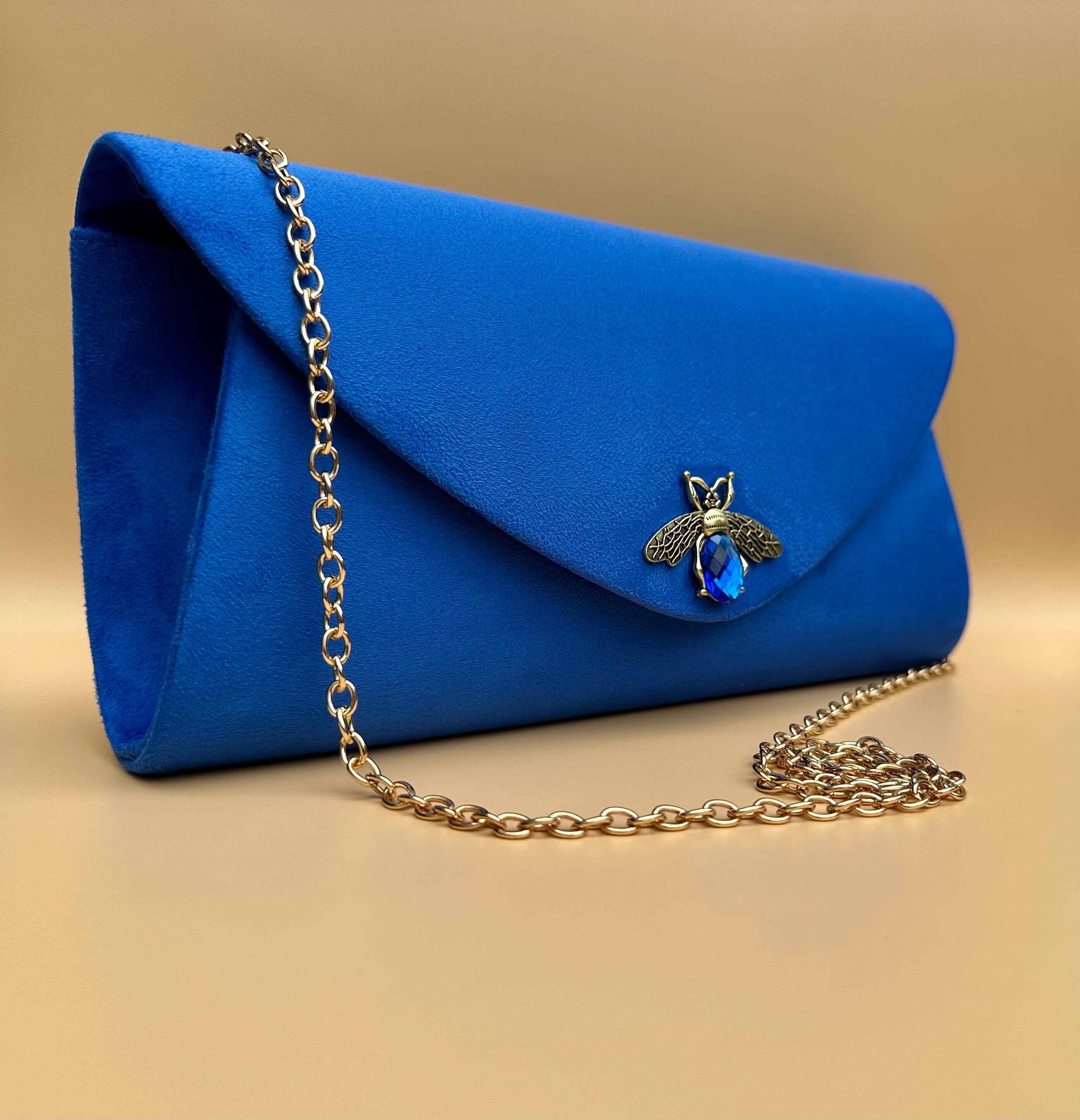 Blue handbag. Boho clutch. Blue suede clutch bag. Blue evening bag. Velvet clutch bag. Formal clutch
