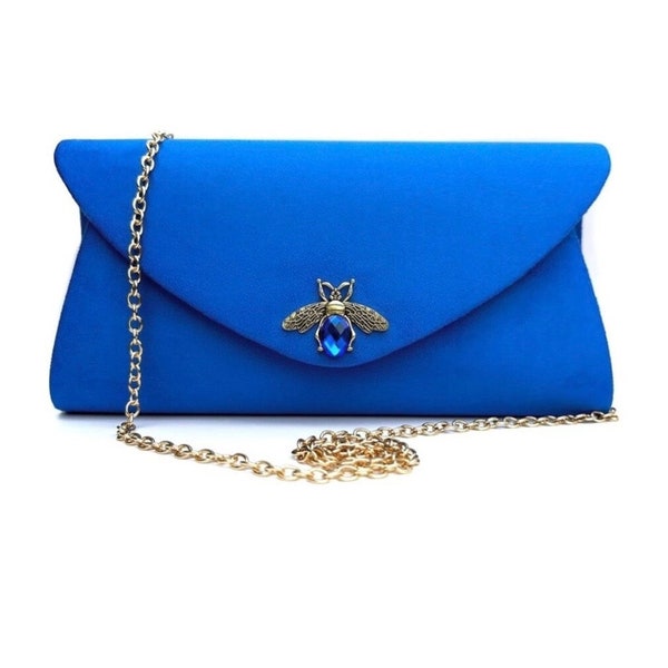 Blue handbag. Boho clutch. Blue suede clutch bag. Blue evening bag. Velvet clutch bag. Formal clutch