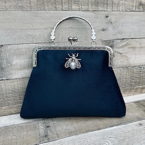 Navy handbag for women. Navy evening bag. Velvet handbag. Clutch bag with strap. Navy crossbody bag. Gothic handbag