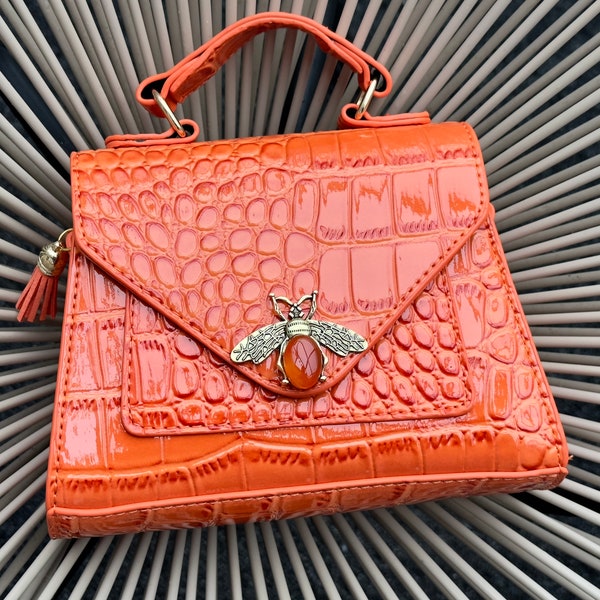 Orange clutch bags. Handbags for women. Orange crossbody bag. Orange vegan bag. Faux leather handbag. Orange shoulder bag with strap