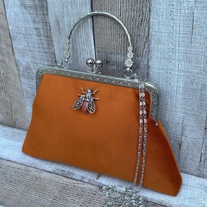 Bolso de noche naranja. Cartera de terciopelo. Cartera vintage. Bolso de noche de terciopelo. Bolso de noche con asa de cadena. Bolso de mano vintage