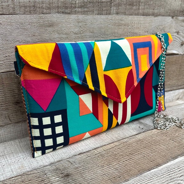 Colourful clutch bag. Wristlet clutch. Vintage clutch bag. Quirky evening bag. Colourful evening bag. Geometric clutch bag