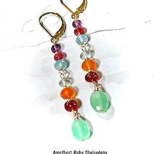 Chrysoprase Ruby Amethyst Carnelian Moss Aquamarine Chalcedony Multi-Gemstone 14KGF Earrings