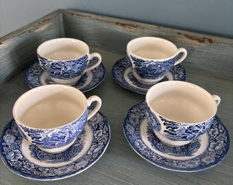4 Sets of Liberty Blue Staffordshire Cups and Saucers  Made in  England