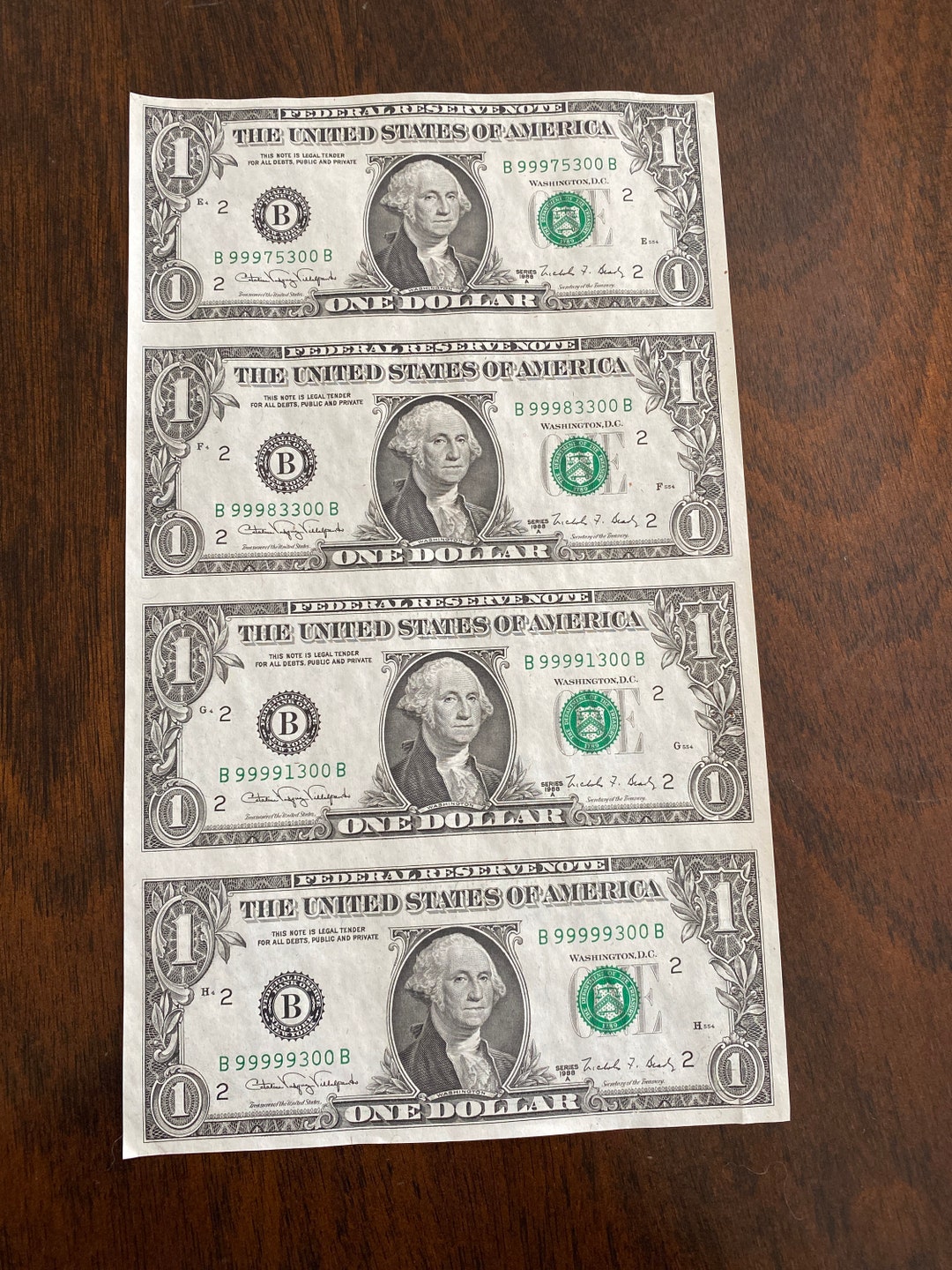 Fancy Dollar Bill Serial Numbers Uncut Sheet of 4 Etsy