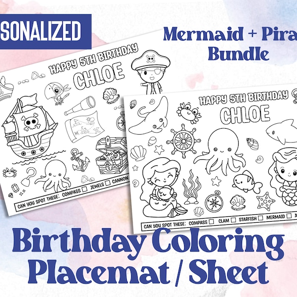 Personalized Pirate And Mermaid Birthday Coloring Sheet Bundle for kids party, Placemat, Printable Page, Sea Animals, children activity