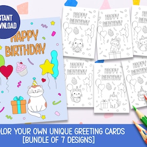 Download istantaneo - Carte da colorare di buon compleanno gatto fai da te, biglietti d'auguri per gattini, biglietti d'auguri stampabili, attività da colorare per bambini, bambini