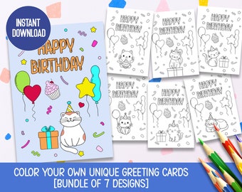 Instant Download - DIY Cat Happy Birthday Coloring Cards, Kitten Birthday Cards, Printable Greeting Cards, kids coloring activity, Children