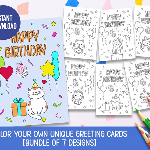 Instant Download - DIY Cat Happy Birthday Coloring Cards, Kitten Birthday Cards, Printable Greeting Cards, kids coloring activity, Children