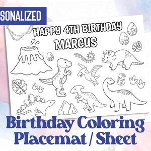 Personalized Dinosaurs Birthday Coloring Sheet for kids party, Placemat, Printable Page, personalized birthday placemat, children activity