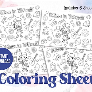 Instant Download - Girls Scout Coloring Sheet, Placemat, Printable Page, Girl Scout Activity Sheets, 6 pages, girl troop cookie, cute,