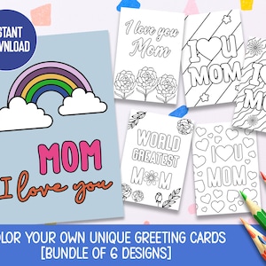 Téléchargement instantané - bricolage j'aime les cartes de coloriage de maman, cartes de fête des mères, cartes de voeux imprimables, activité de coloriage pour enfants, cadeau de fête des mères,