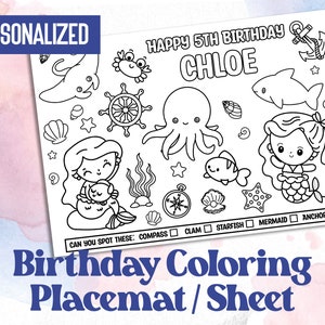 Folha para colorir personalizada de aniversário de sereias e criaturas do mar para festa infantil, jogo americano, página para impressão, animais marinhos, atividades infantis