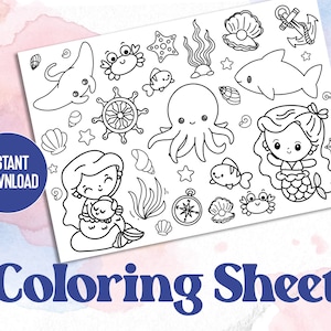 Descarga instantánea - Hoja para colorear de sirenas y criaturas marinas para niños, mantel individual, página imprimible, animales marinos, niños pequeños, diseño lindo,
