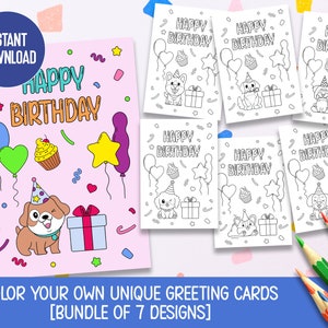 Instant Download - DIY Dog Happy Birthday Coloring Cards, Puppies Birthday Cards, Printable Greeting Cards, kids coloring activity, Children