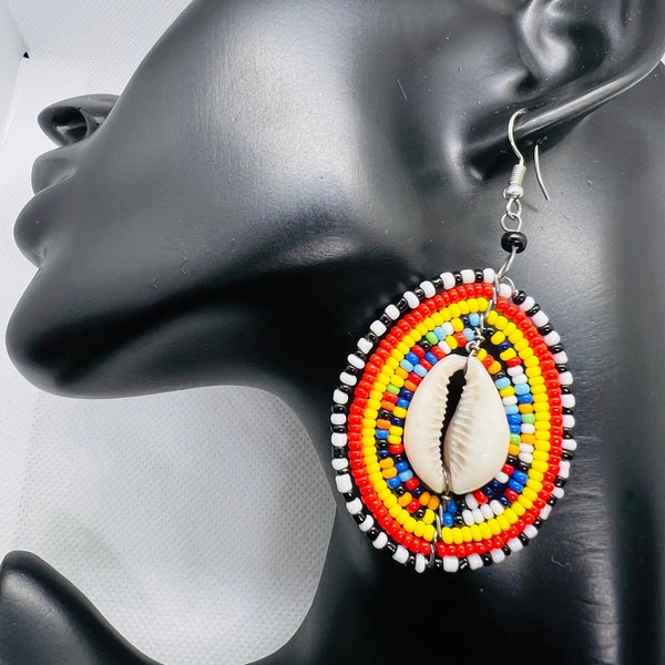 Masai Cowrie Shell Earring | Round Authentic African Maasai Zulu |Tribal Dangle Earrings