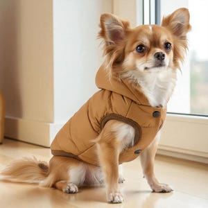 Könnte beinhalten: Ein kleiner, langhaariger Hund, der eine hellbraune Steppjacke mit Kapuze trägt. Die Jacke hat einen braunen Kragen und ist zugeknöpft. Der Hund sitzt auf einer hellen Oberfläche.