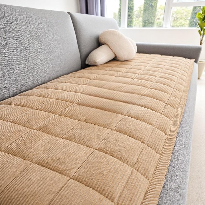 May include: A tan corduroy sofa cover with a quilted pattern is laid on a gray sofa. A beige mushroom-shaped pillow rests on the sofa. The room has a window with natural light and a potted plant.