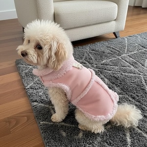 Peut inclure: Un petit chien duveteux portant un manteau rose avec une bordure en fausse fourrure. Le manteau a un fermoir en métal et une texture douce et moelleuse. Le chien est assis sur un tapis gris à motifs.