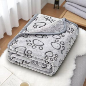 Grey Paw Print Pet Blanket, Soft Fleece Dog or Cat Throw, Sofa Protector, Multiple Sizes, Machine Washable