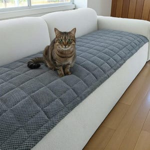 以下が含まれることがあります： 白いソファにグレーのキルトソファカバー。緑色の目を持つ茶色のトラ猫がカバーの上に座っています。ソファは窓と木のドアの前にあります。