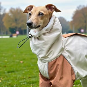 Puede incluir: Un perro marrón y blanco con un abrigo para perros beige y marrón con capucha. El abrigo tiene un cordón y una tira reflectante. El perro está en un parque.