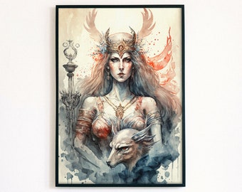 Freyja Print, Nordic Goddess, Norse Mythology Print, Watercolor Freya Printable Viking Poster Digital Download