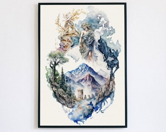 Olymp, griechische Mythologie Olymp Druck, Aquarell Olymp druckbare Poster Druck digitaler Download