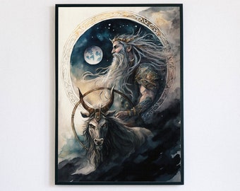 God Mani, Norse Mythology Art Print, God of the Moon, Watercolor Mani, Printable Wall Poster Art Digital Download