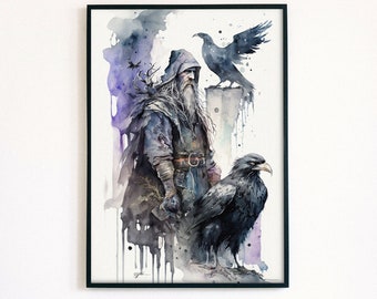 Odin & His Ravens, Norse Mythology Art Print, Watercolor God Odin&#39;s Ravens, Printable Wall Poster Art Digital Download