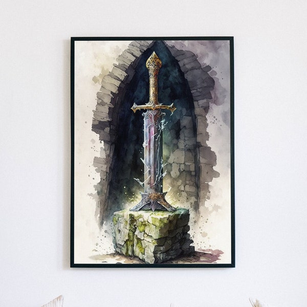 Sword Excalibur Print, Arthurian Legacy, King Arthur & Excalibur Print, Watercolor Arthur Printable Poster | Digital Download