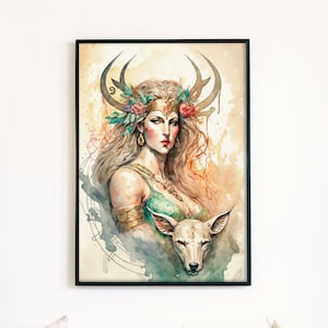 Diana Artemis, The Goddess of Hunt & Moon, griechische Mythologie Print, Aquarell Artemis druckbare Poster digitaler Download