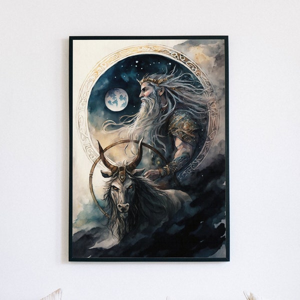 God Mani, Norse Mythology Art Print, God of the Moon, Watercolor Mani, Printable Wall Poster Art Digital Download