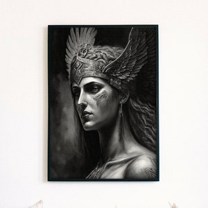 Minerva Athena Black & White, Charcoal The Goddess of Wisdom, Greek Mythology Print, Printable Poster Digital Download