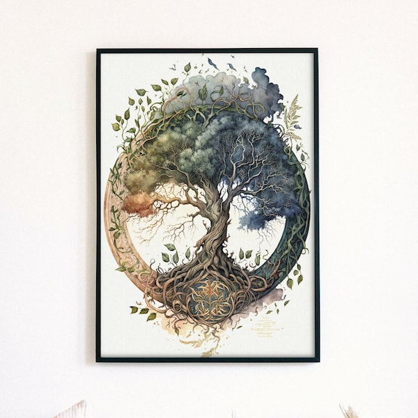 Yggdrasil Tree of Life Print | Watercolor Norse Mythology Symbol | Printable Poster Art Digital Download