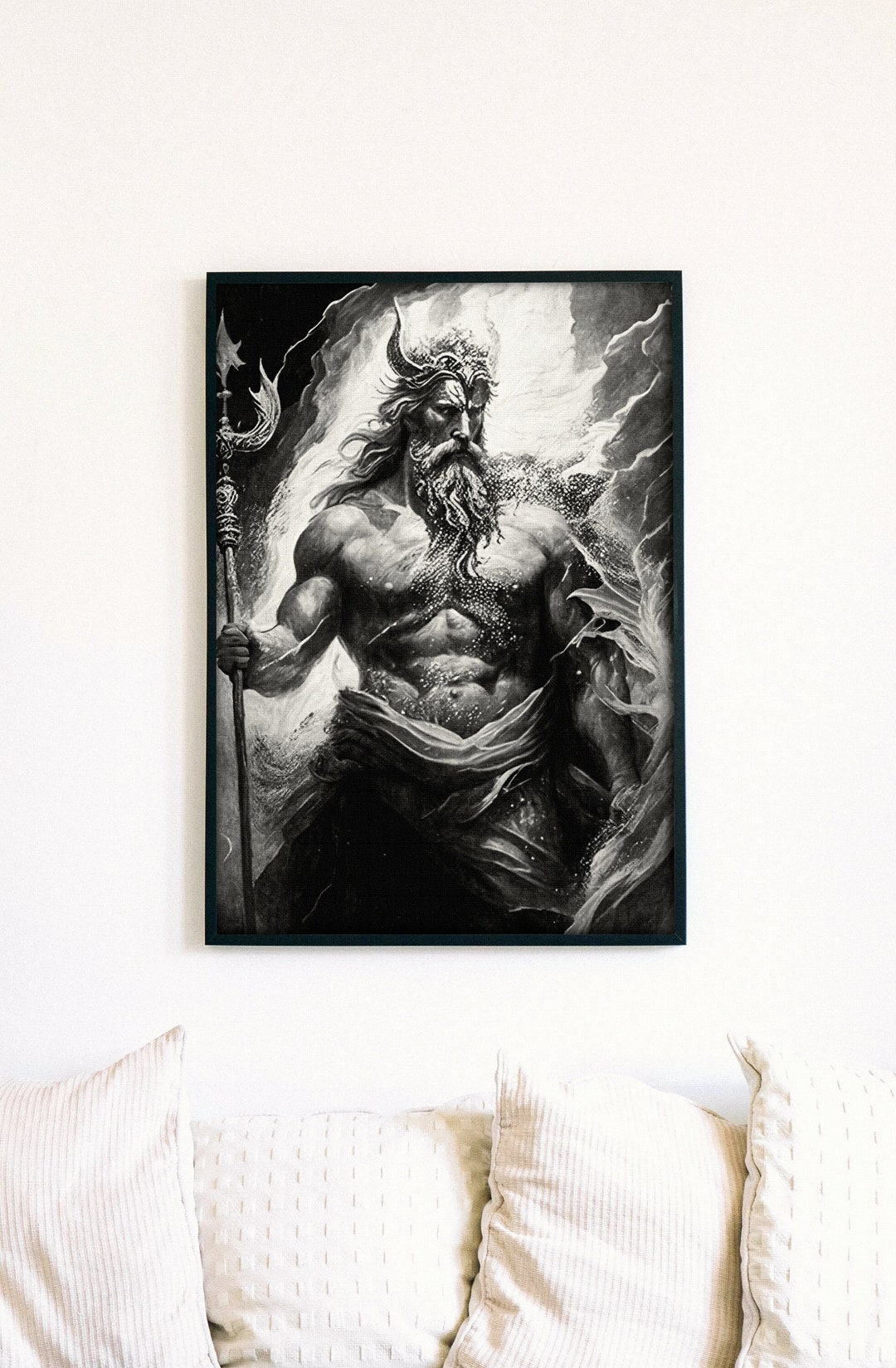 Neptune Poseidon Black & White, Charcoal the God of the Sea, Greek ...