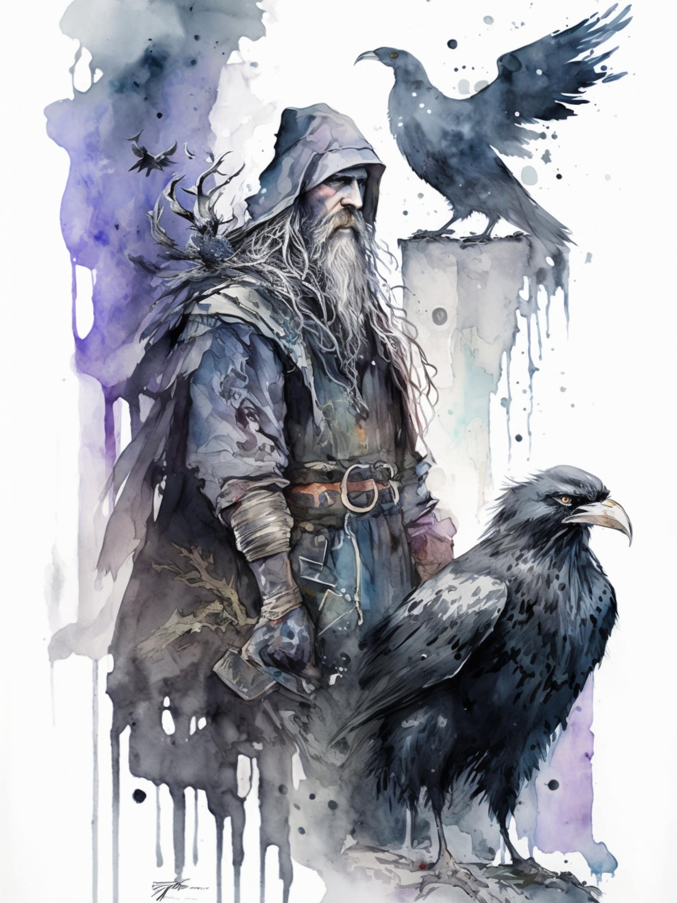 Odin & Seine Raben, Nordische Mythologie Art Print, Aquarell Gott Odins