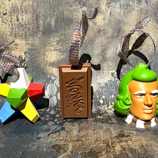 Willy wonka - Charlie and the chocolate factory - Oompa Loompa - everlasting gobstopper - wonka bar - set of 3 Christmas tree decorations