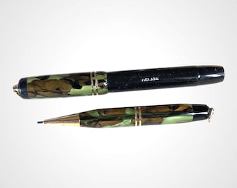 Juego de pluma estilográfica HELIOS + portaminas mecánicas de celuloide Lady 1.18, década de 1930, raro, juego de celuloide vintage, pluma y lápiz retro, pluma art déco