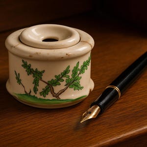 Raro calamaio in ceramica dipinta a mano Vintage anni '20 Decorazione floreale, Oggetto da scrivania d'epoca, Antico inchiostratore