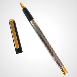 FILCAO Bicolor Vulpen – Satijnzwart & Chroom – Fijne gouden penpunt, Pelikan-type patroon, Vintage Italiaanse Vulpen