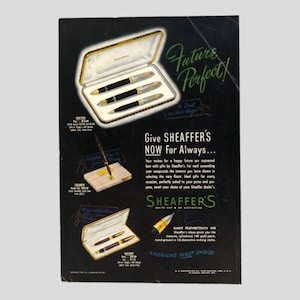 Werbedrucke: Vintage-Füllfederhalter – 5 Varianten, 1950er Jahre – Aurora, Sheaffer – perfektes Geschenk für Sammler, Retro-Drucke