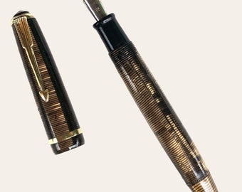 Vintage 1950s Fountain Pen in Brown Celluloid Ringed with Bottom Button, vintage fountain pen, vintage fountain pen