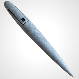 May include: A gray speckled pen with a clip and a black logo. The pen has a smooth, rounded design and a fine point. The pen is made of a speckled gray material.