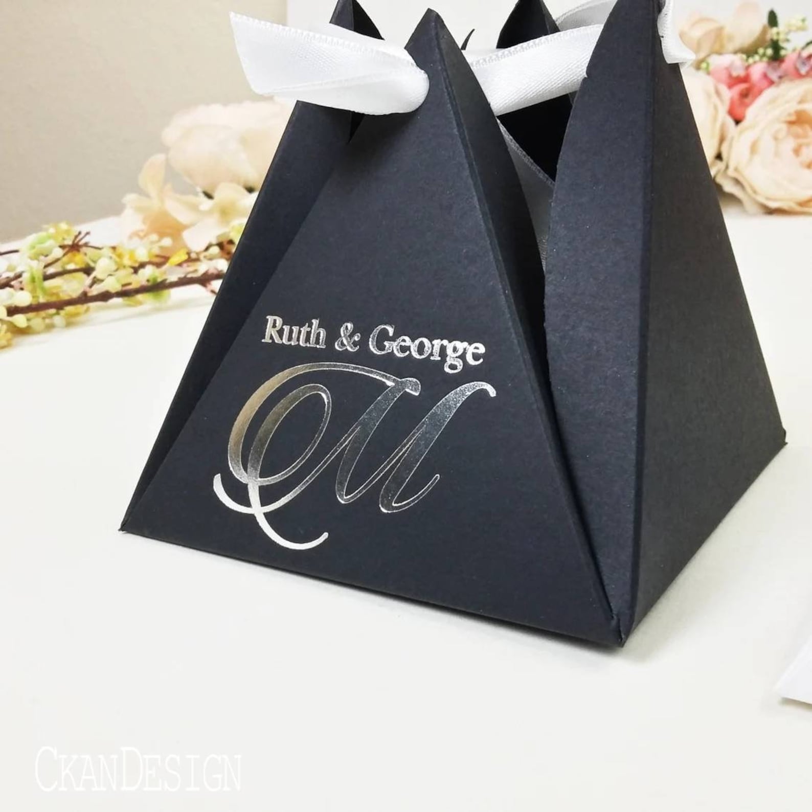Black and White, Pyramid Favor Box, Personalized Favor Gift Boxes, Foil