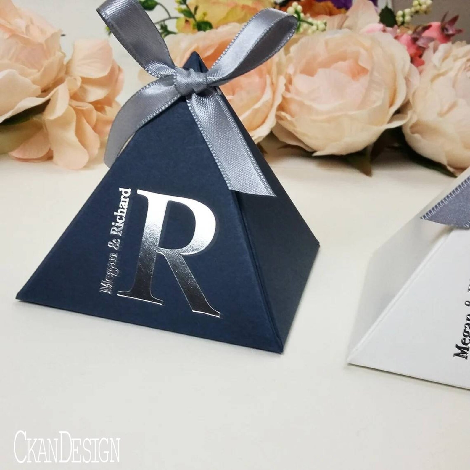 Navy Blue, Pyramid Favor Box, Personalized Favor Gift, Foil Box, Hot