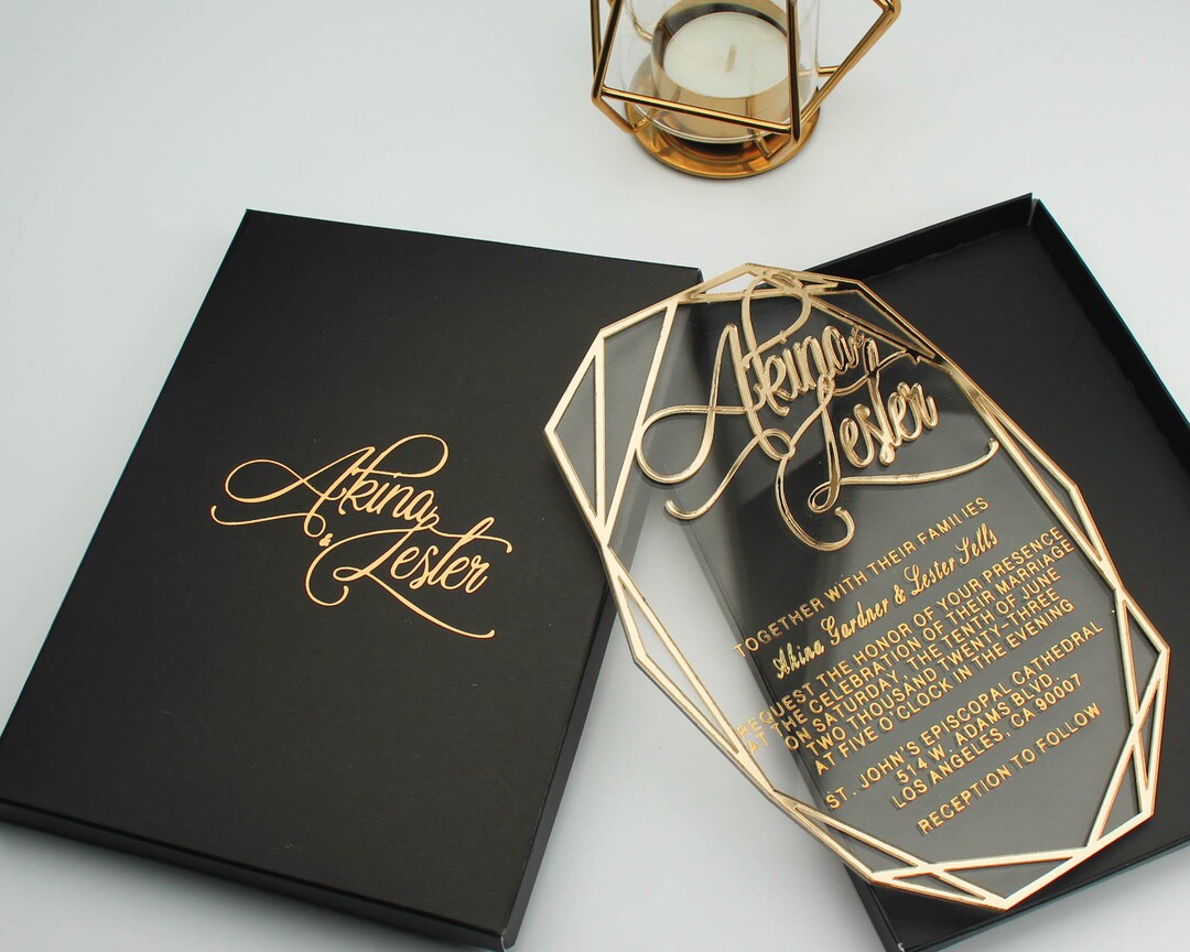 Elegant Luxury Black Acrylic Wedding Invitation with Gold Border and Shaped  Corners EWIA135