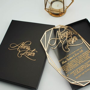 Luxury Boxed Invitation -  Frame Mirror Gold Plexi Wedding Invitation - Geometric Acrylic Gold Mirror Invitation with Black Box and Envelope