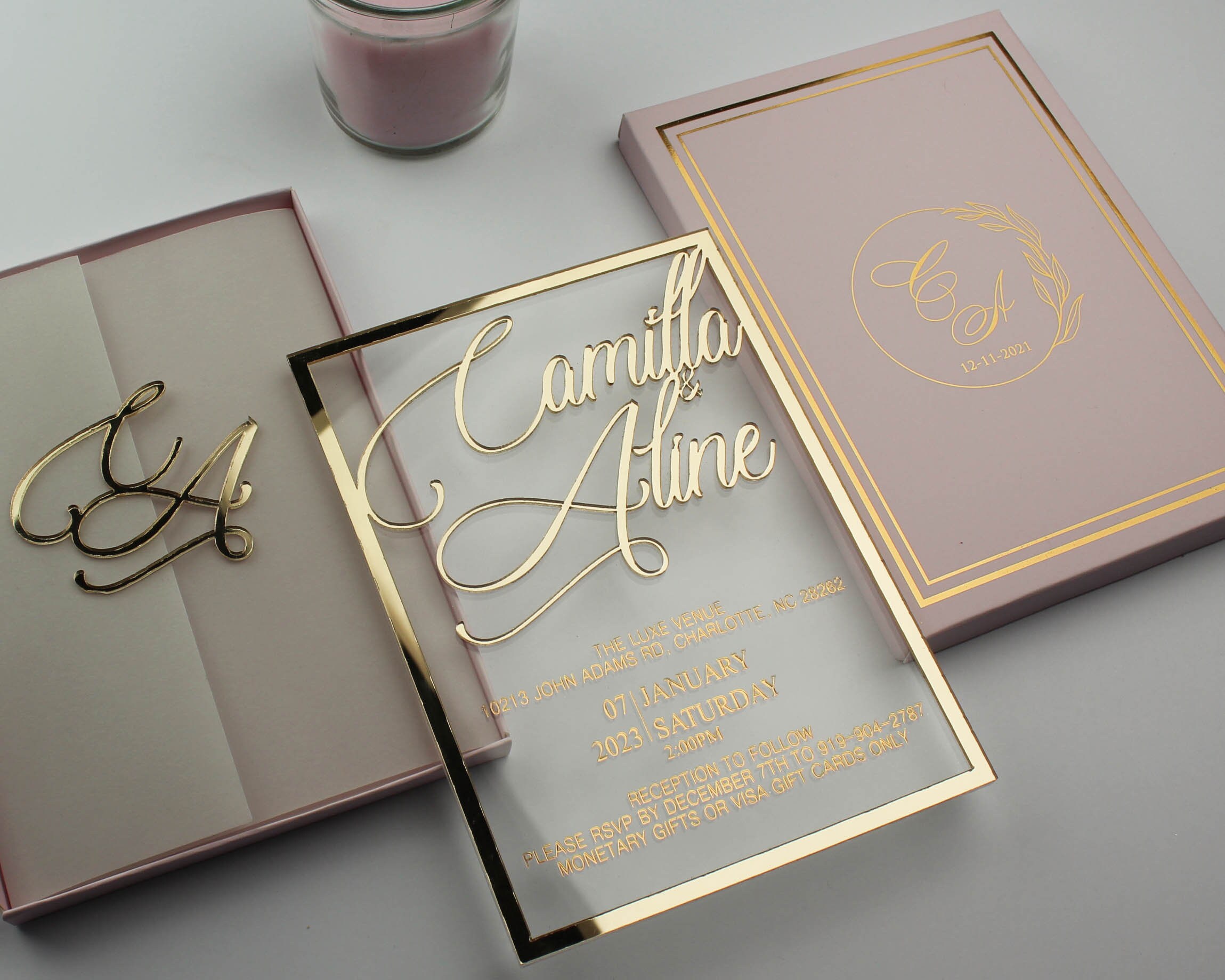 Modern Mirror Gold Plexi Wedding Invitation, Luxury Boxed Wedding Invitation Envelope & Box and